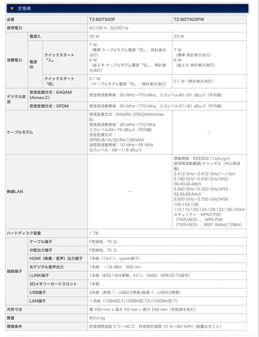 レコーダー Panasonic CATV STB TZ-BDT920PW