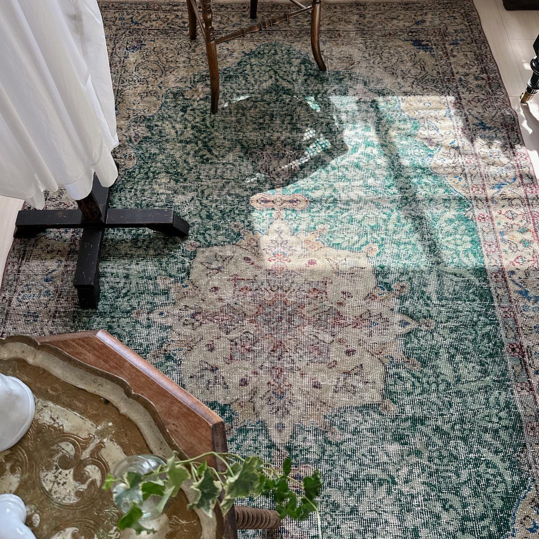 トルコ ヴィンテージラグ A22 超大判 レア グリーン グレージュ ブルー