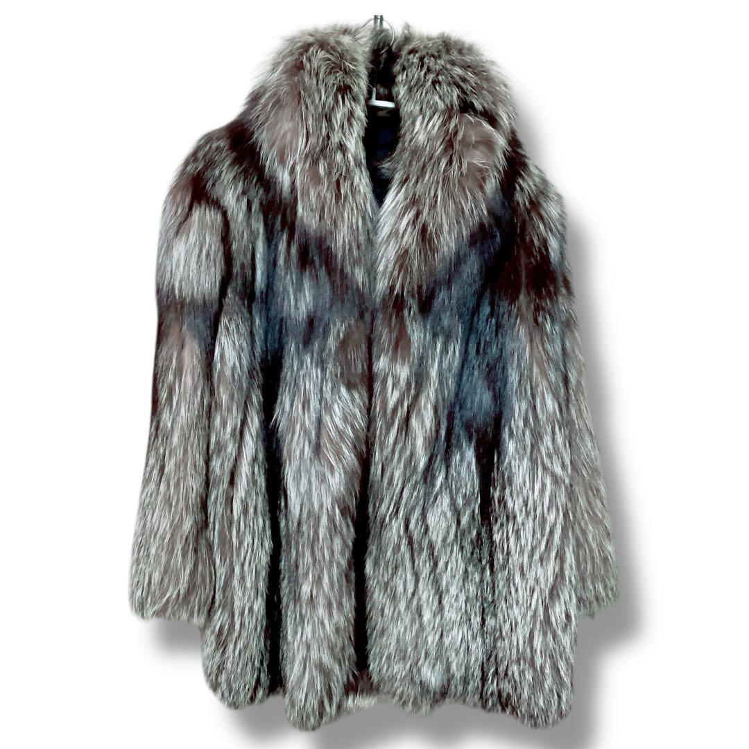 【肉厚✨極美品】総丈80 シルバーフォックス ファー 毛皮 L なめし柔らか◎