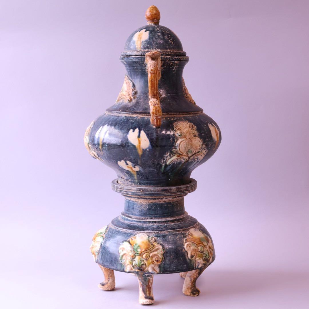 時代物 唐三彩藍釉壷 木箱付