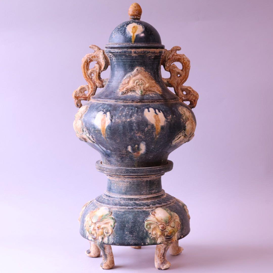 時代物 唐三彩藍釉壷 木箱付