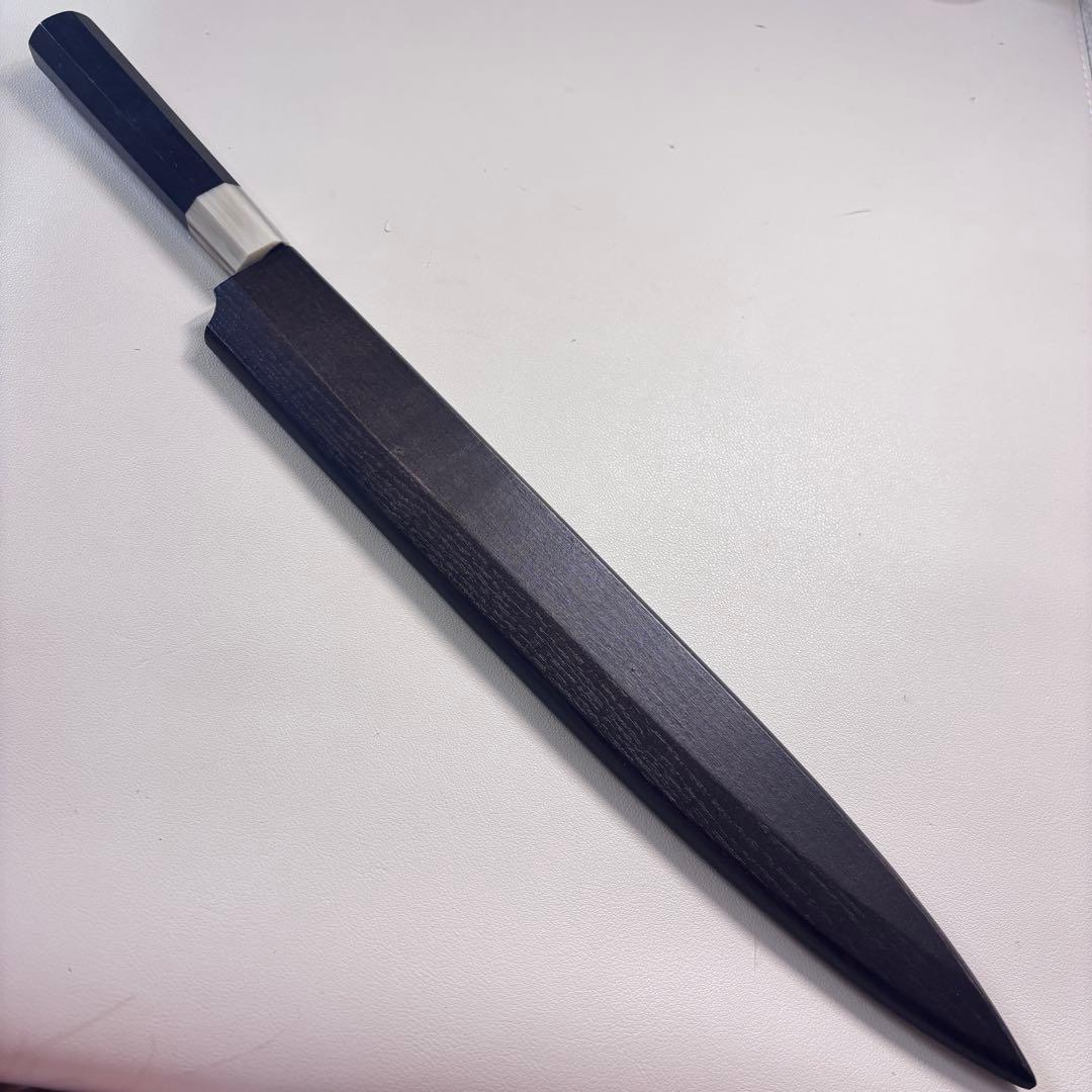 【鞘付き】尺300mm 墨流しダマスカス 柳刃包丁 黒檀本 牛八角柄刺身 和包丁