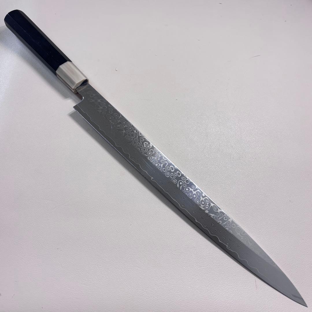 【鞘付き】尺300mm 墨流しダマスカス 柳刃包丁 黒檀本 牛八角柄刺身 和包丁