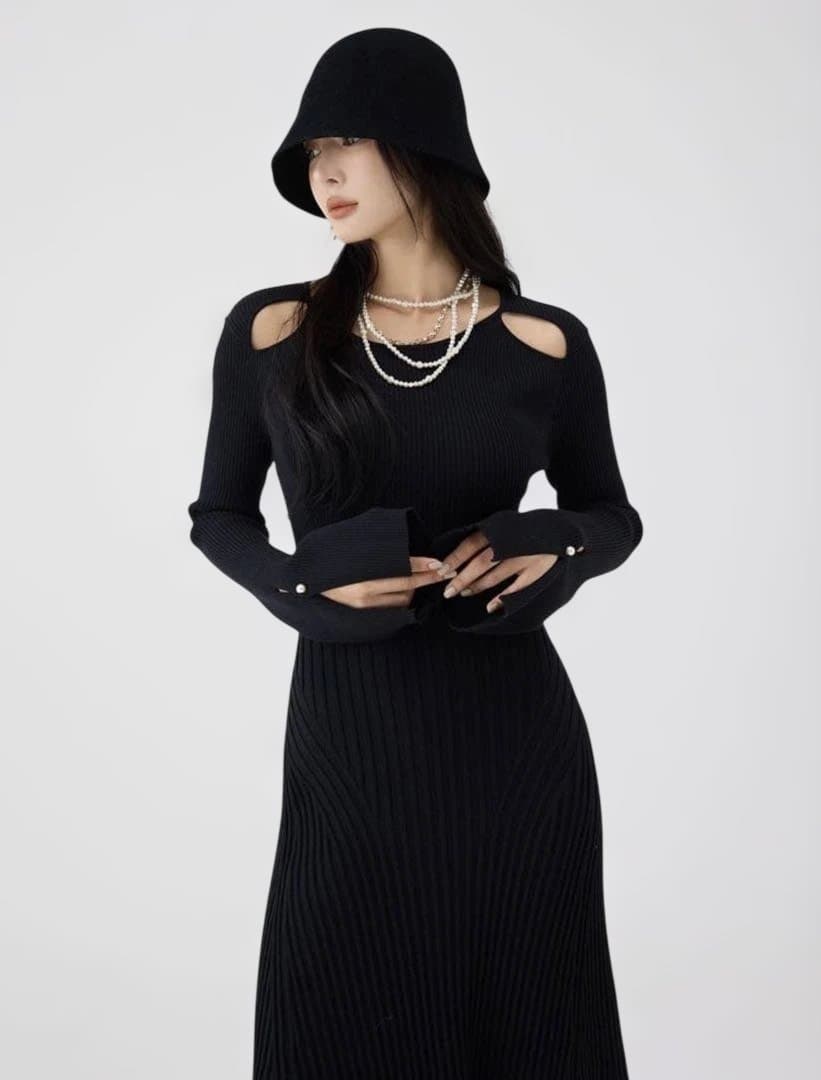 最安 美品 eimy istoireリブニットフレアワンピース黒