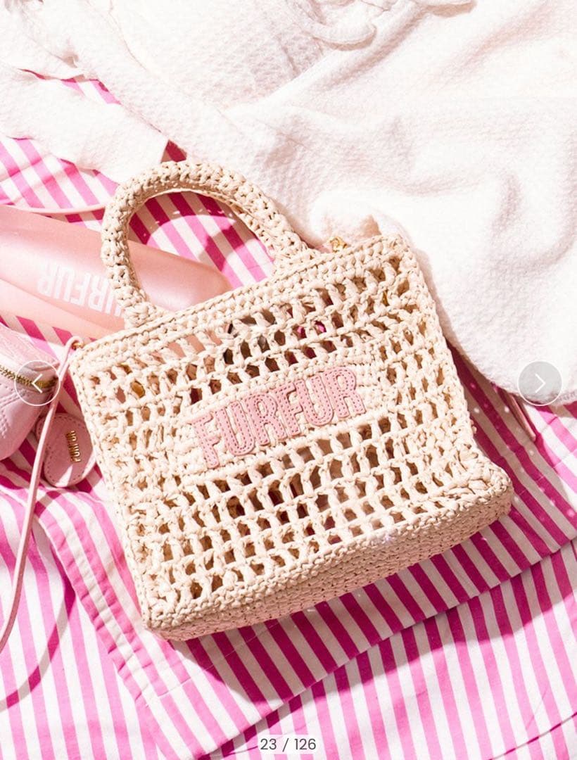 FURFUR かごバッグ ライトピンク　【限定カラー】ラフィアロゴトートバッグ