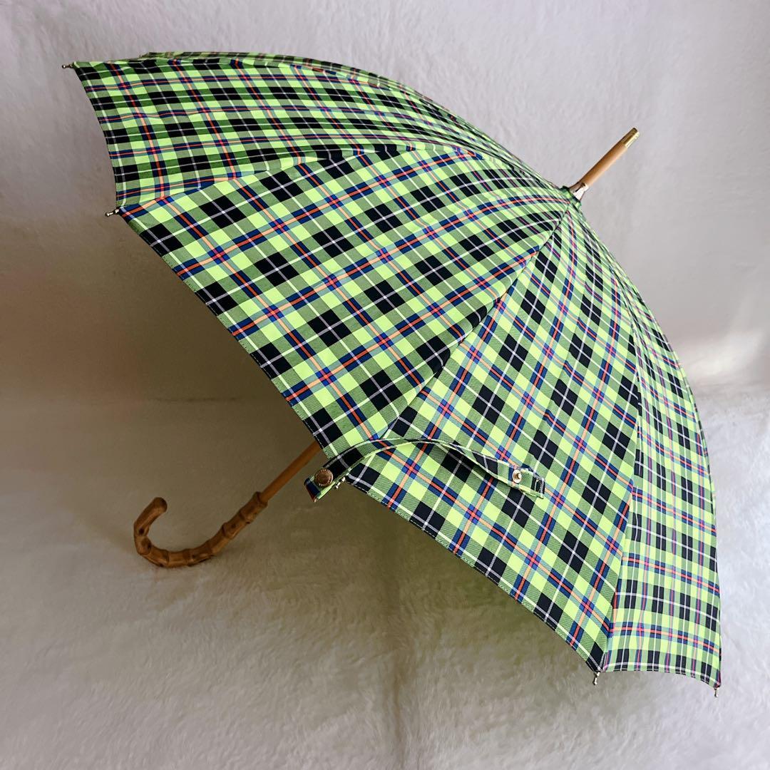 【美品】 トラディショナルウェザーウェア チェック ライムグリーン バンブー 傘