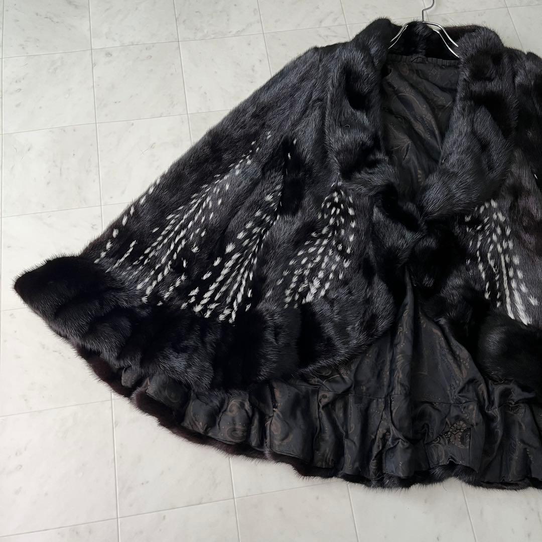 SAGA MINK  ポンチョ リバーシブル ブラックミンク 裏地総柄