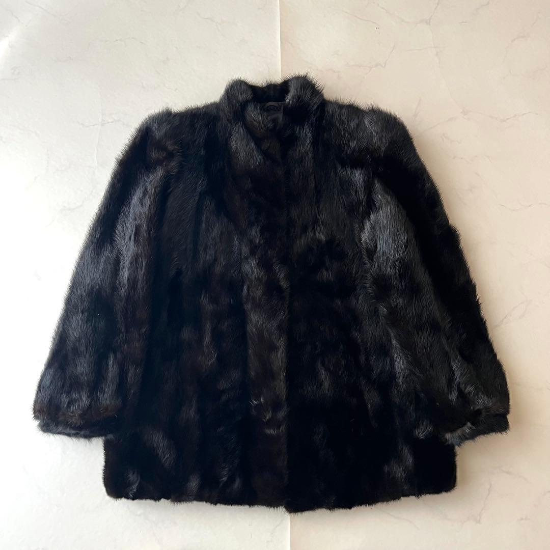 美品 ミンク 高級毛皮 コート ブラック 黒 3ホック つや なめし良好