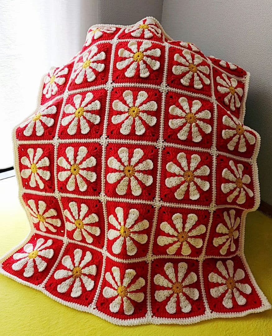 ブランケット　マルチカバー　グラニースクエア　かぎ針編み　レトロポップ