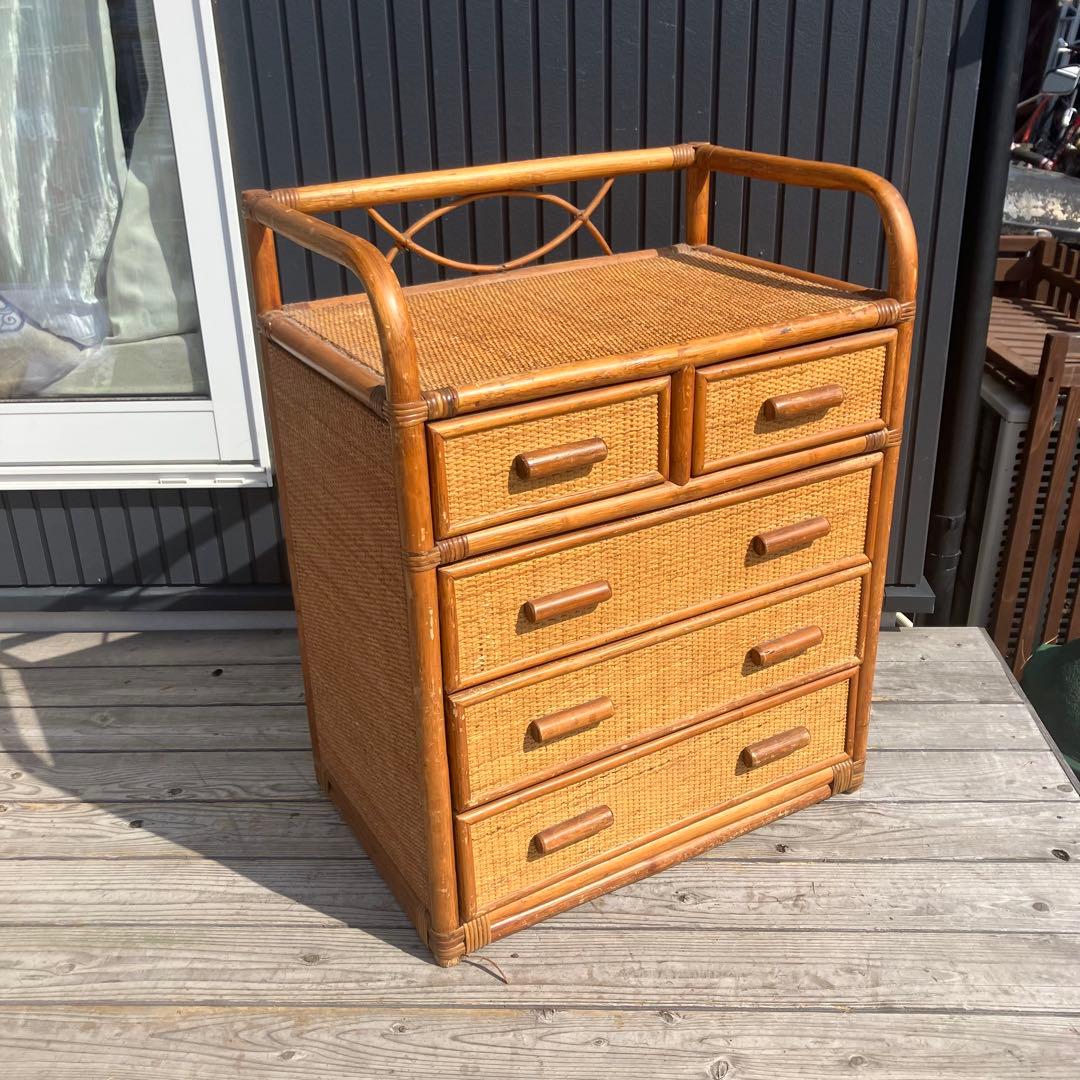昭和レトロ ラタンチェスト 4段5杯 引き出し箪笥 古家具 ビンテージ 籐家具