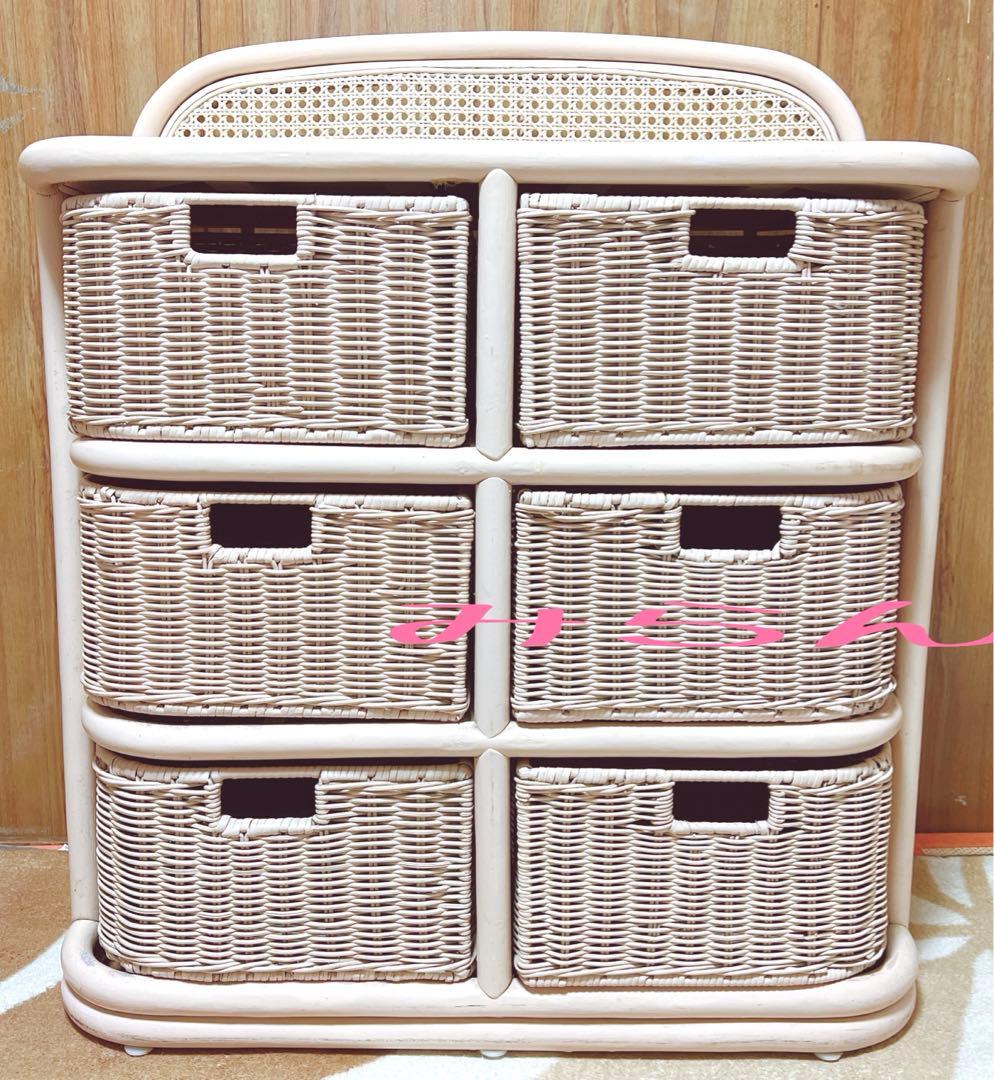 2日間限定値下げ★アンティーク ラタンホワイト/籐チェスト /家具 3段タンス