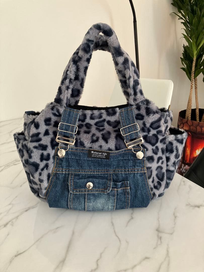 998 なしあめ　大きめヒョウ柄ふんわりデニムリメイクバック　2点