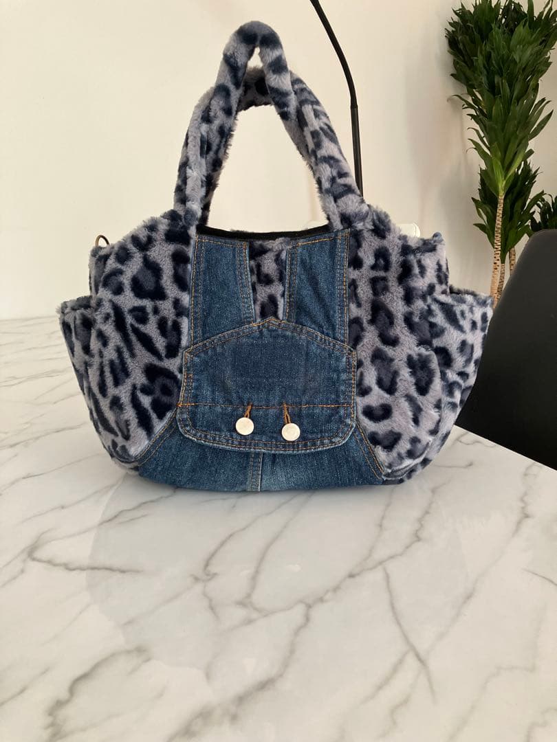998 なしあめ　大きめヒョウ柄ふんわりデニムリメイクバック　2点