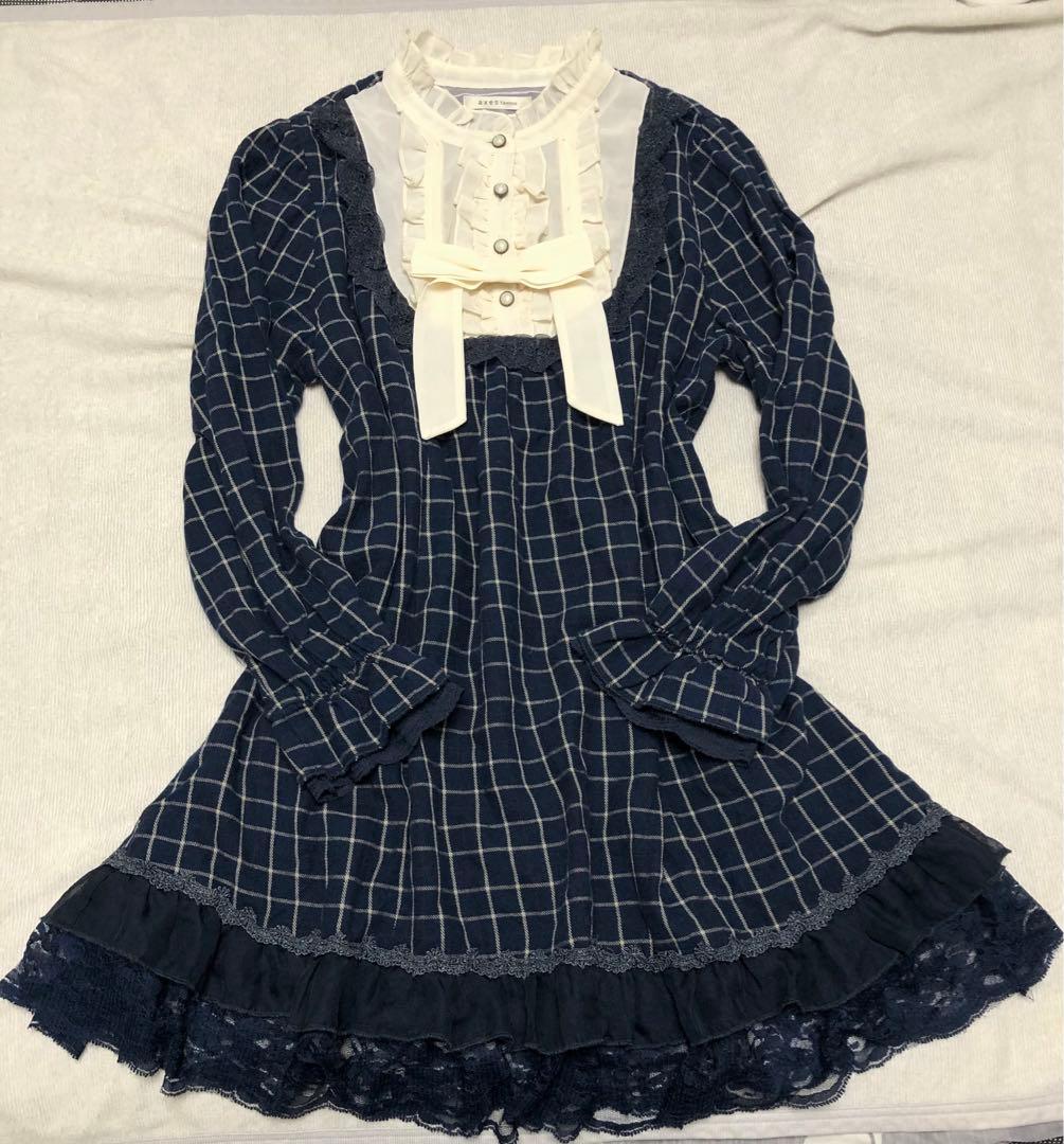 axes femmeリボン　フリルワンピース　チェック　リズリサ姫系