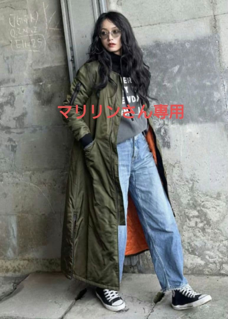 ・ミニタリーマキシロングコートカーキ ダブルジッパー ジャケット ブルゾン 中綿
