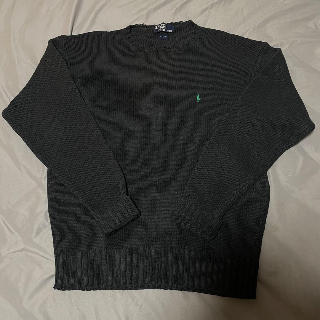 90s ラルフローレン ニット セーター クルーネック コットン ブラック　L