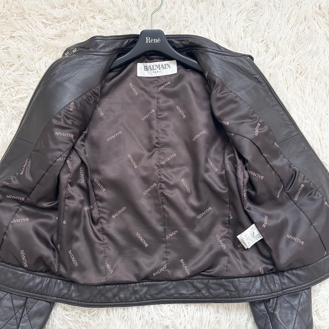 バルマン キルティング ラムレザー シングルライダースジャケット 焦茶 M