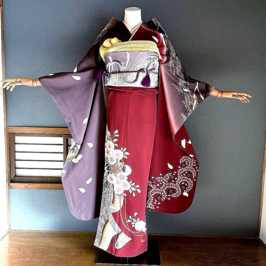 振袖フルセット　灰紫　錆朱　染分け　手描き友禅　成人式振袖　振袖