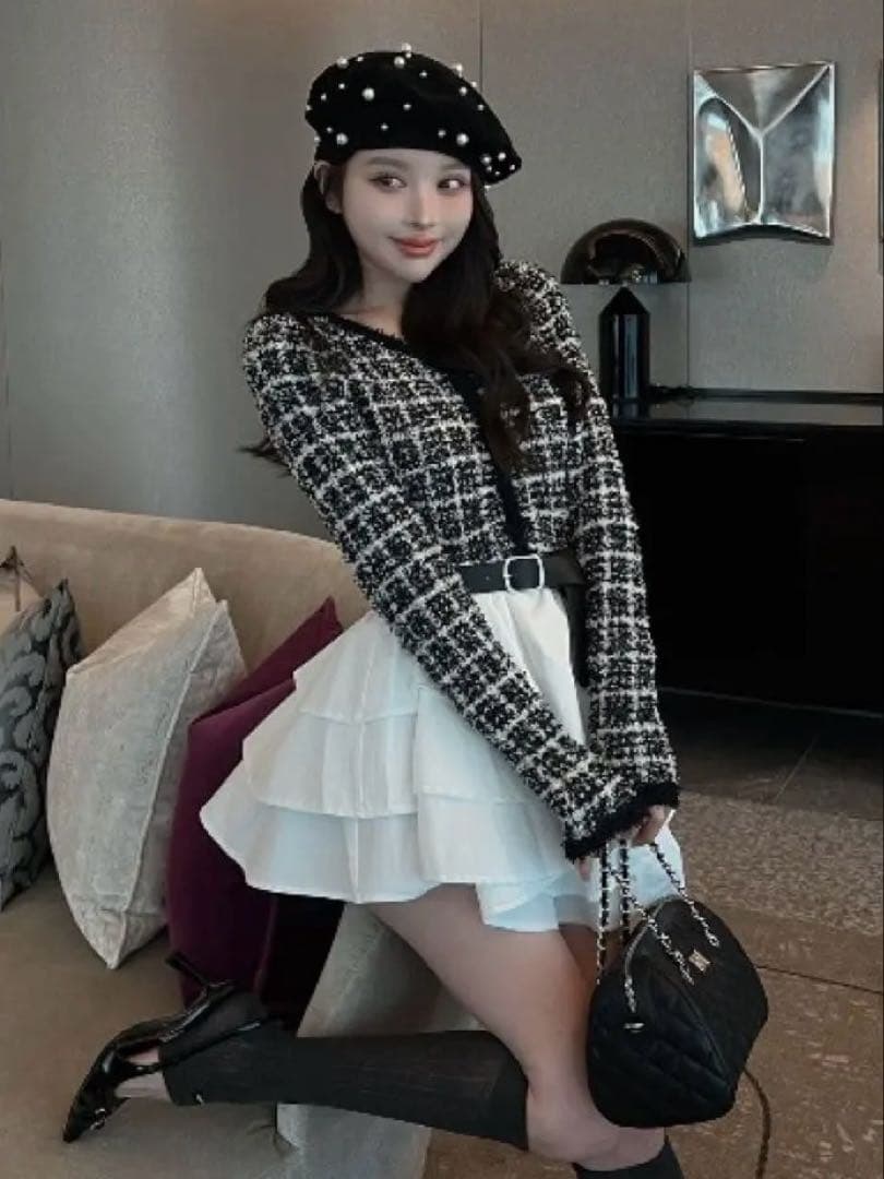 Darich ボリュームフリルツイードニットミニワンピース ブラック Fサイズ