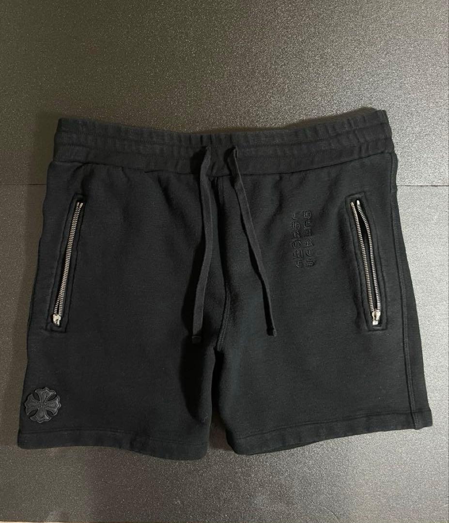 【正規品】クロムハーツ スウェットショート クロスパッチ ジップポケット 黒　L