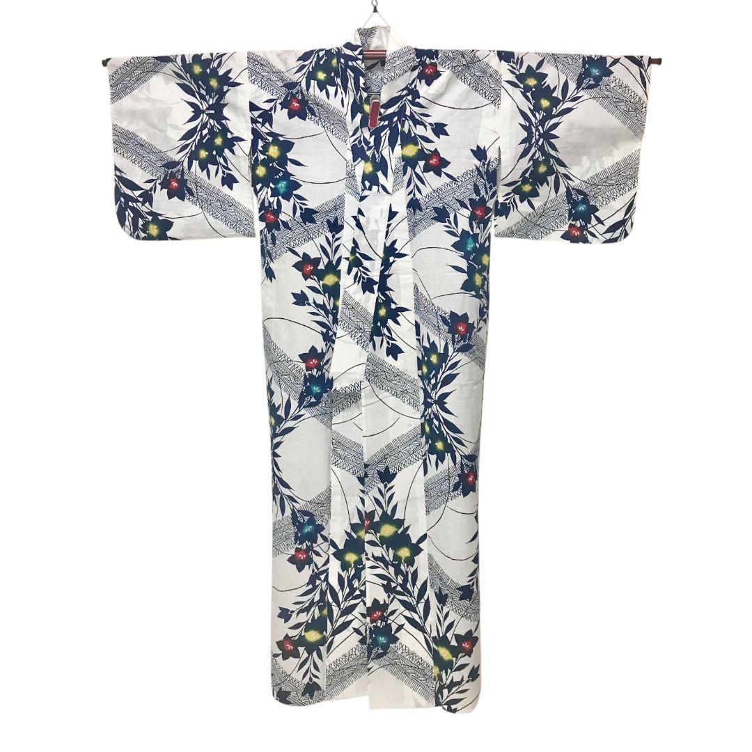 【浴衣】斜め変わり縞に桔梗模様 　注染　白地 　紺　粋　レトロモダン　古典 綿