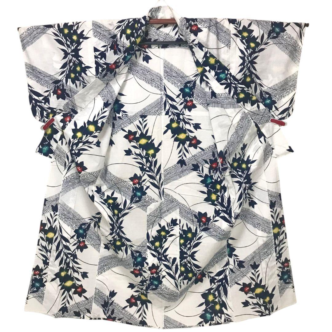 【浴衣】斜め変わり縞に桔梗模様 　注染　白地 　紺　粋　レトロモダン　古典 綿