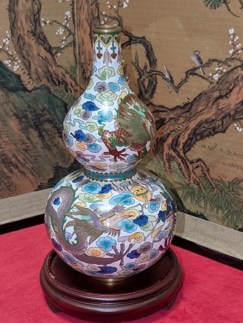 古美術　飾り壺　花瓶　一輪挿し　七宝　瓢箪　雲龍絵　レア　台付