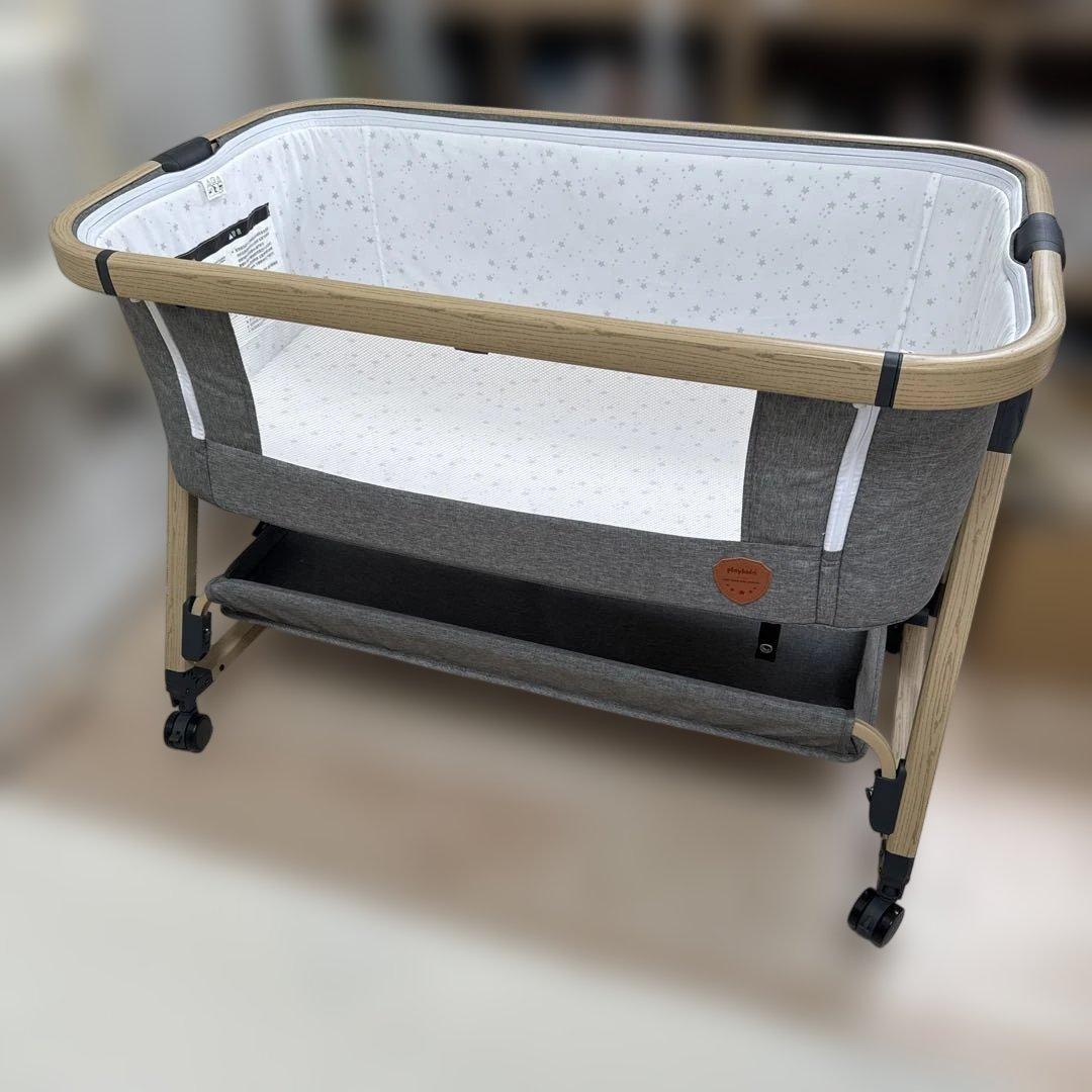 【おまけ付き】グレーの折りたたみベビーベッド