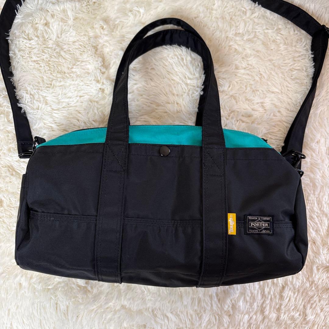 【希少】PORTER ドラム型バッグ ブラック/ターコイズ 美品2way