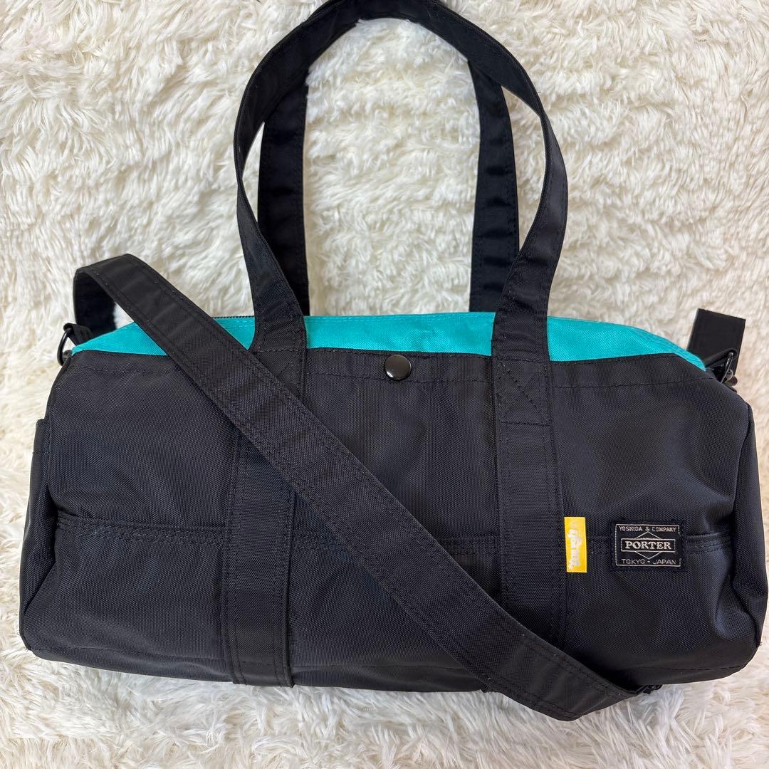 【希少】PORTER ドラム型バッグ ブラック/ターコイズ 美品2way
