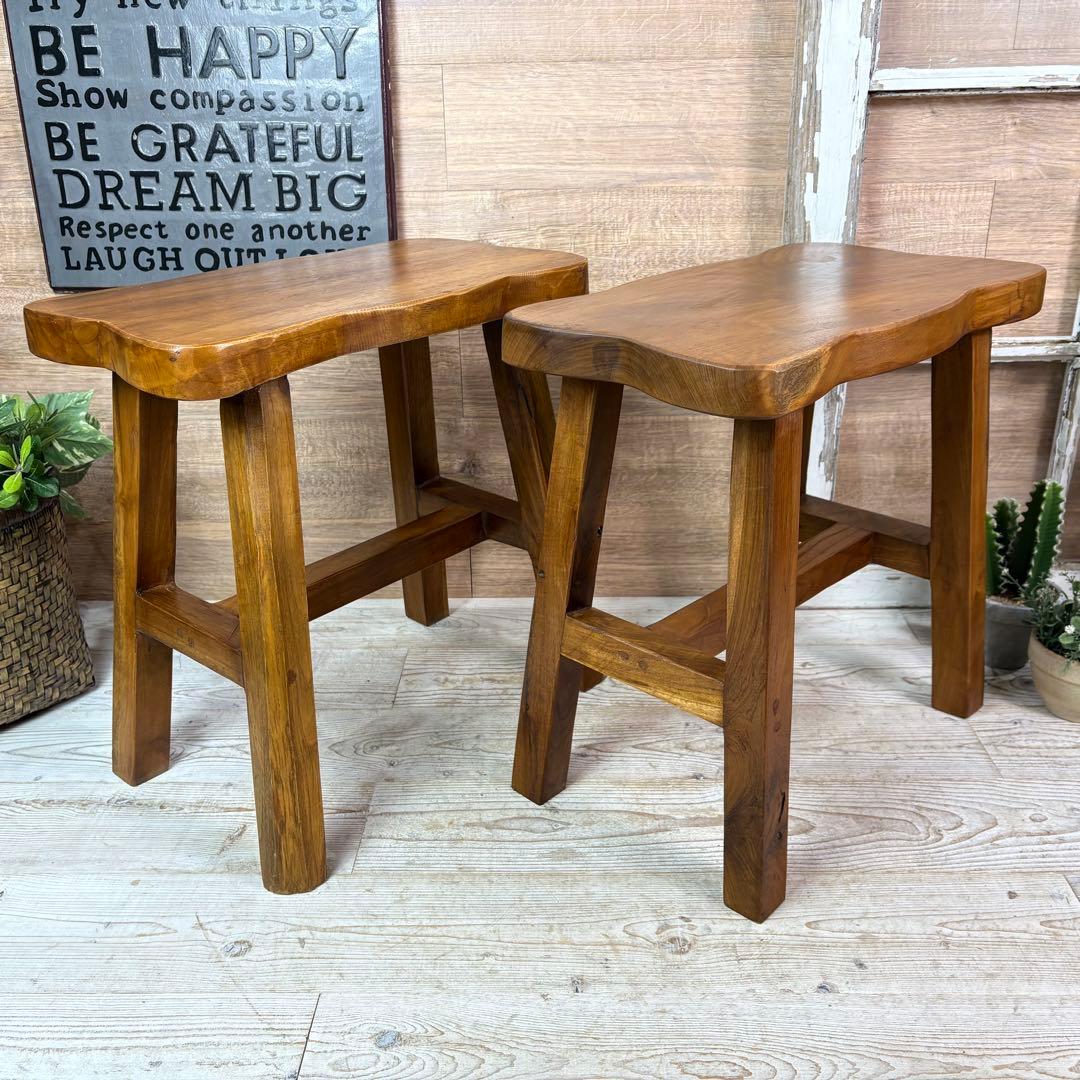 オールドチーク天然無垢材ベンチスツールワイド2点セットサイドテーブル飾り台置き台
