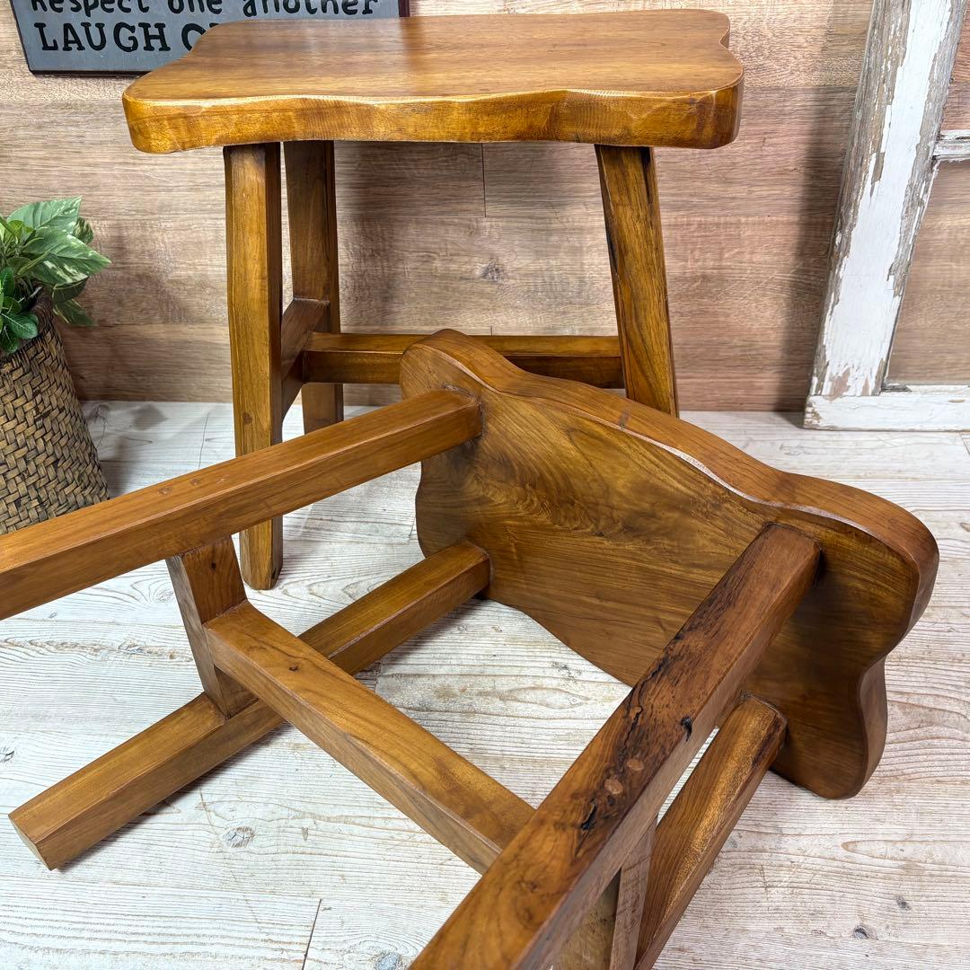 オールドチーク天然無垢材ベンチスツールワイド2点セットサイドテーブル飾り台置き台