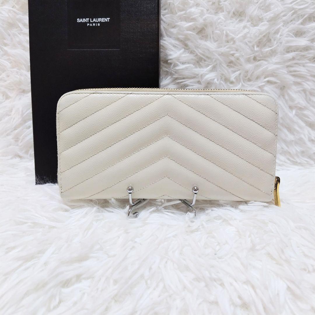 レア美品✨サンローラン◇ラウンドファスナー長財布　Vキルティングゴールド金具白