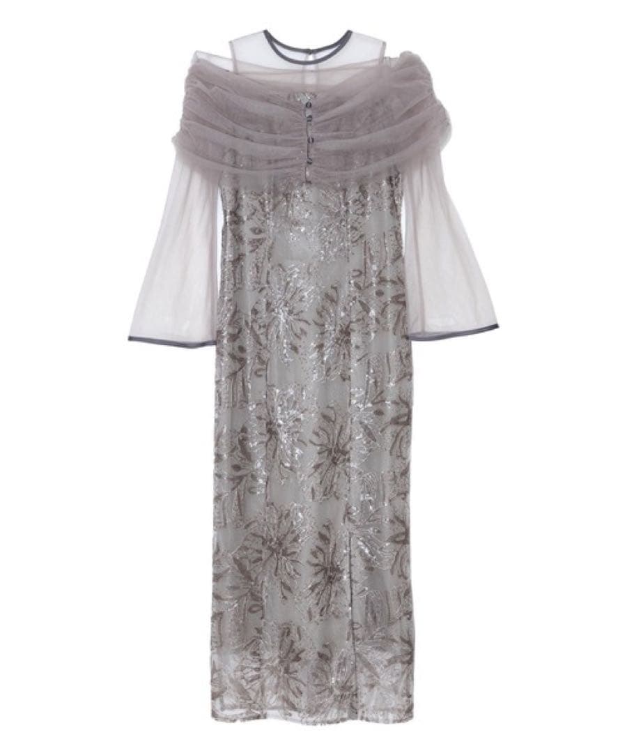 【LEJA】チュールオフショルダー花柄Iラインドレスワンピース 2点セット