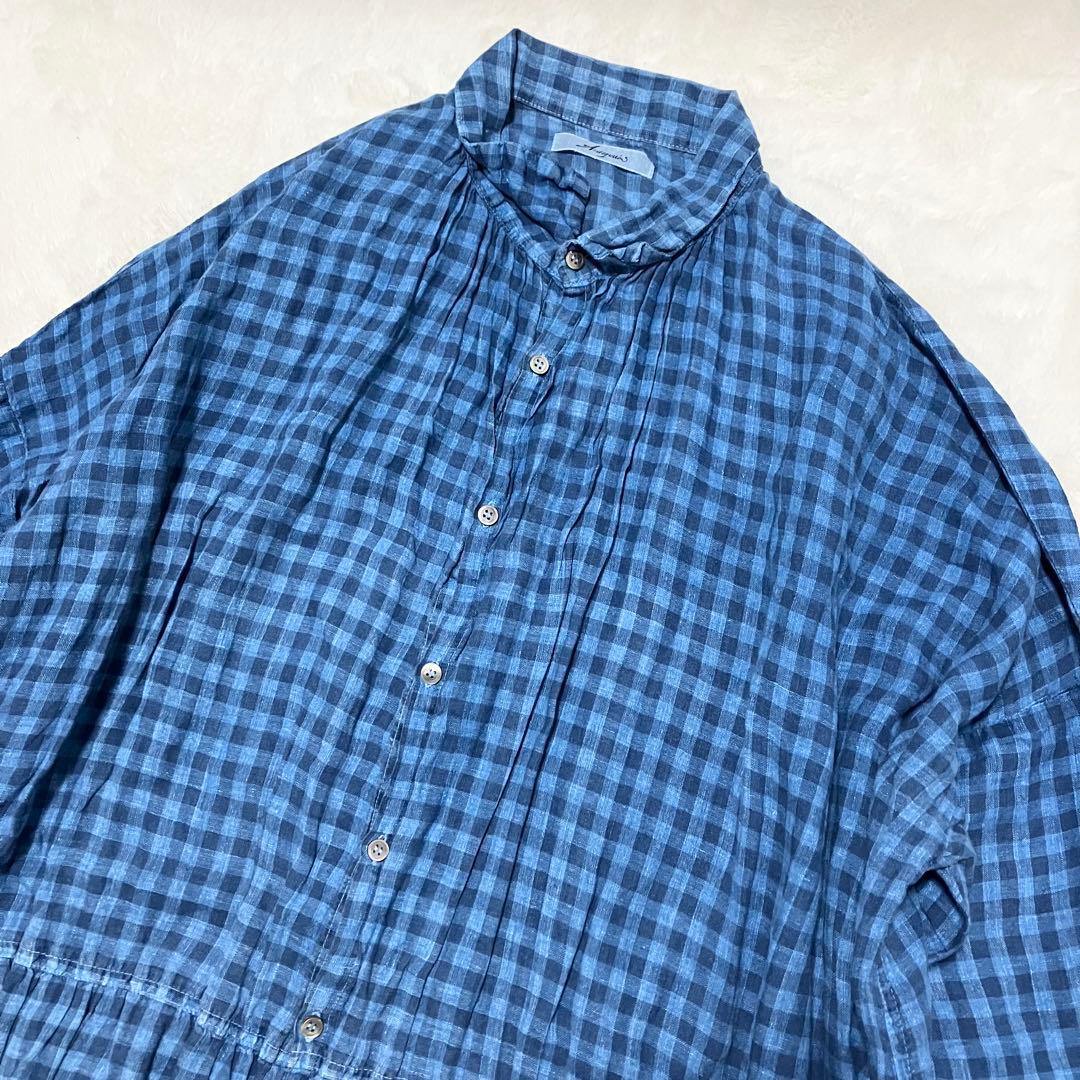 極美品 ICHI Antiquites リネン チェック シャツ ワンピース 青