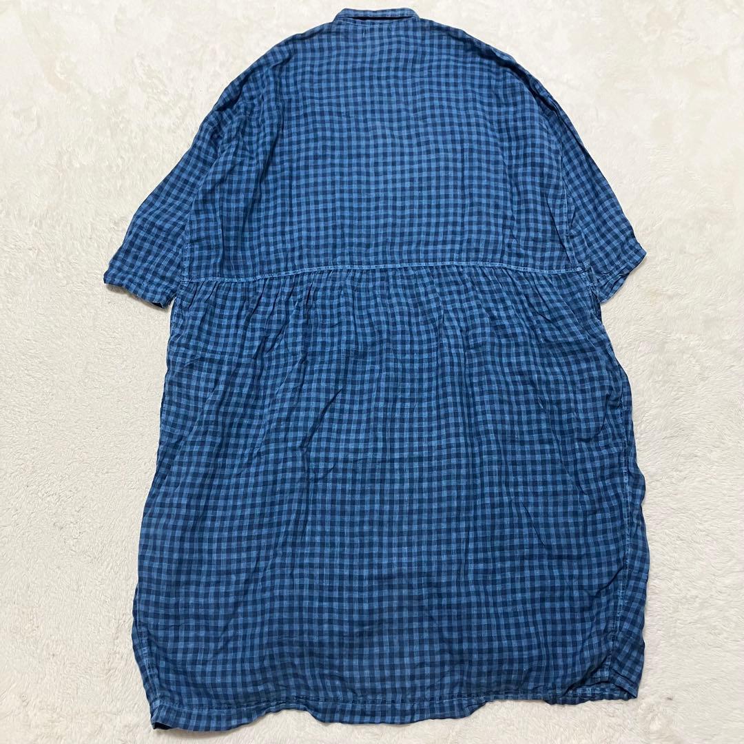 極美品 ICHI Antiquites リネン チェック シャツ ワンピース 青