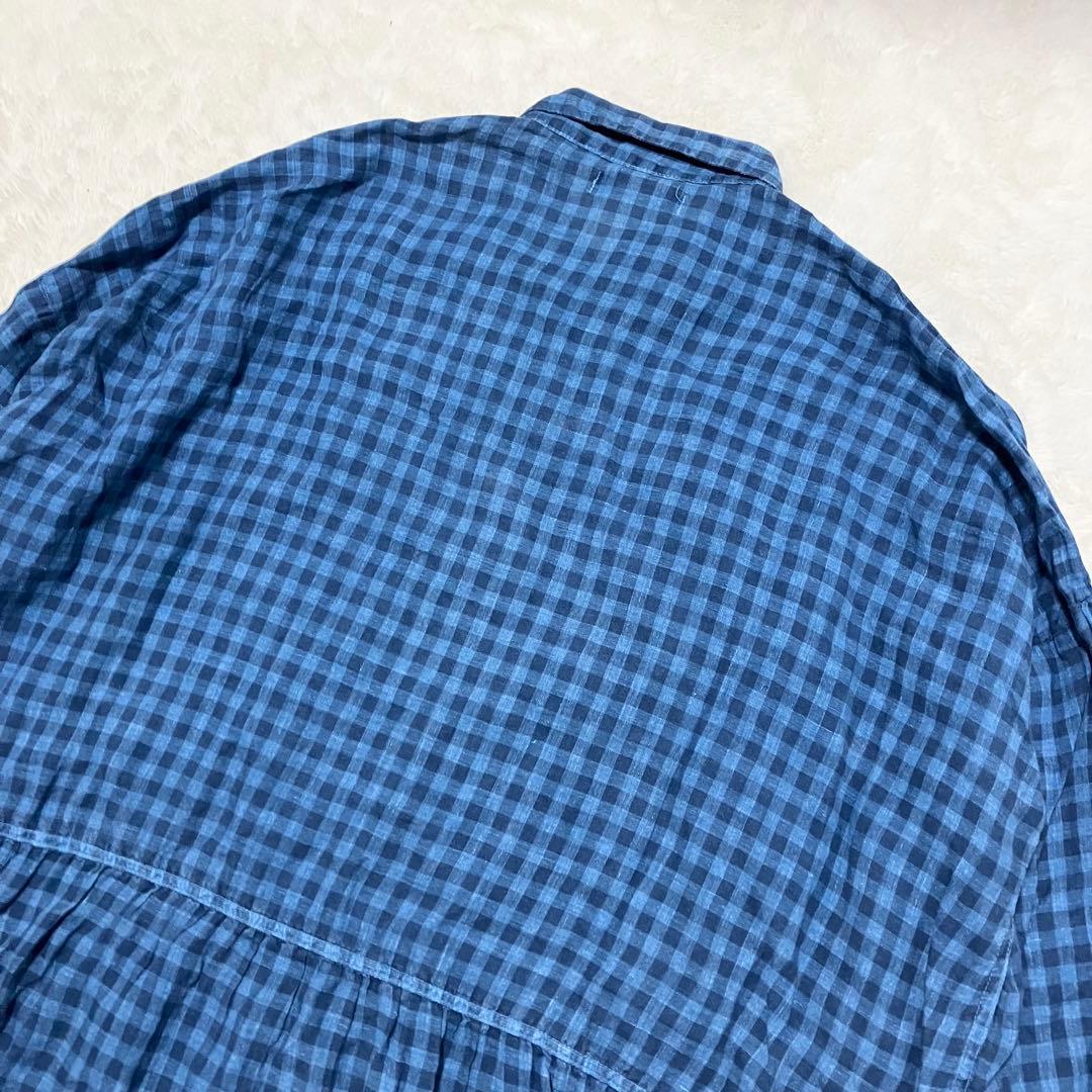 極美品 ICHI Antiquites リネン チェック シャツ ワンピース 青