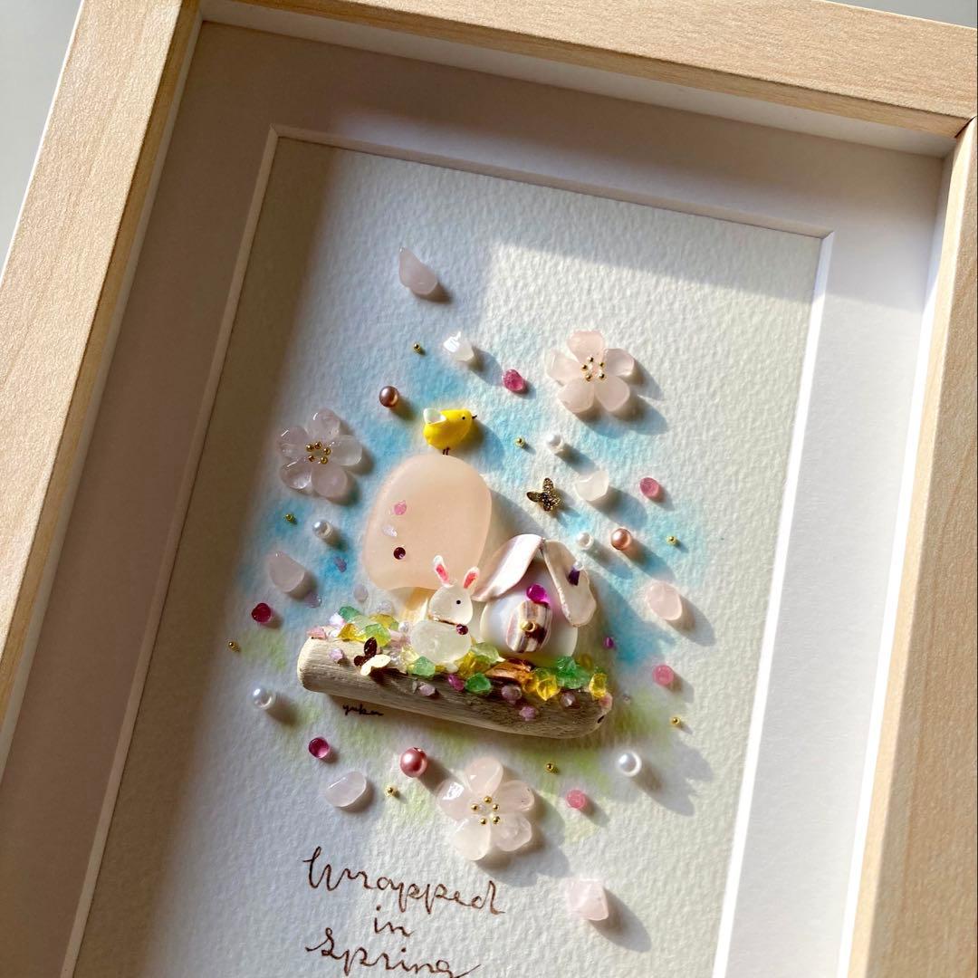 misa　春に包まれて　シーグラス／天然石／フレームアート／手描き