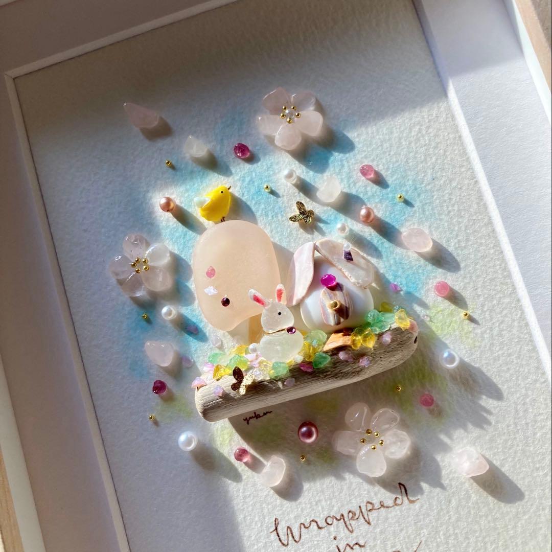 misa　春に包まれて　シーグラス／天然石／フレームアート／手描き