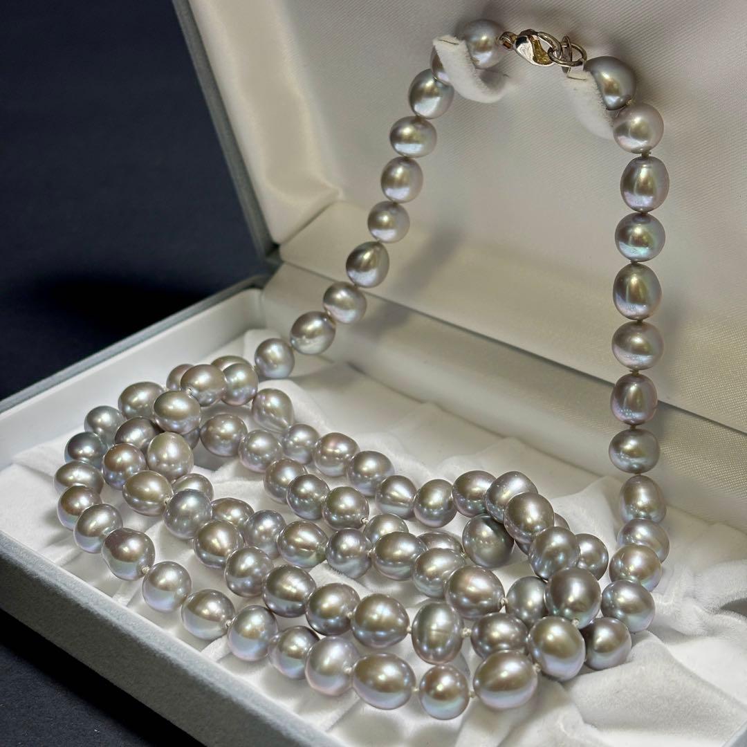 テリ強✨　本真珠　パール　ロング　ネックレス　約8.5-10.0g ブルーグレー