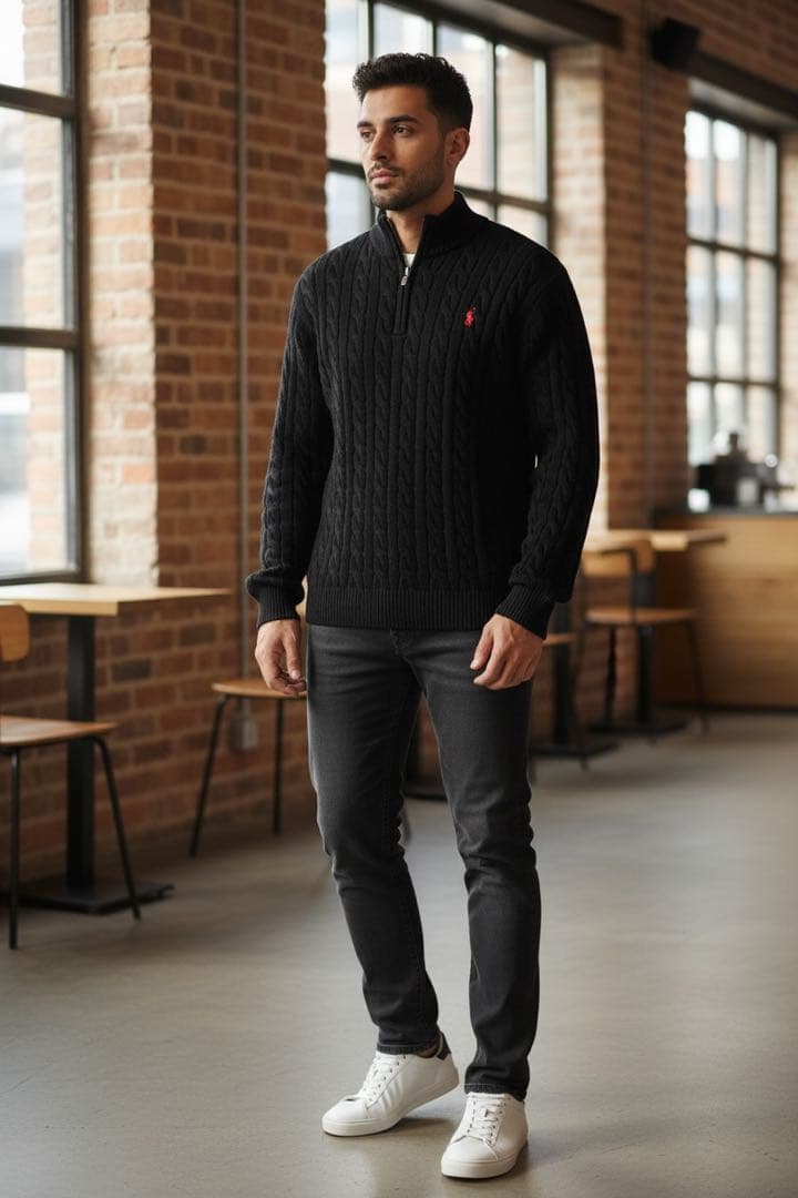 新品タグ付 ラルフローレン ハーフジップ ケーブルニット ブラック-L