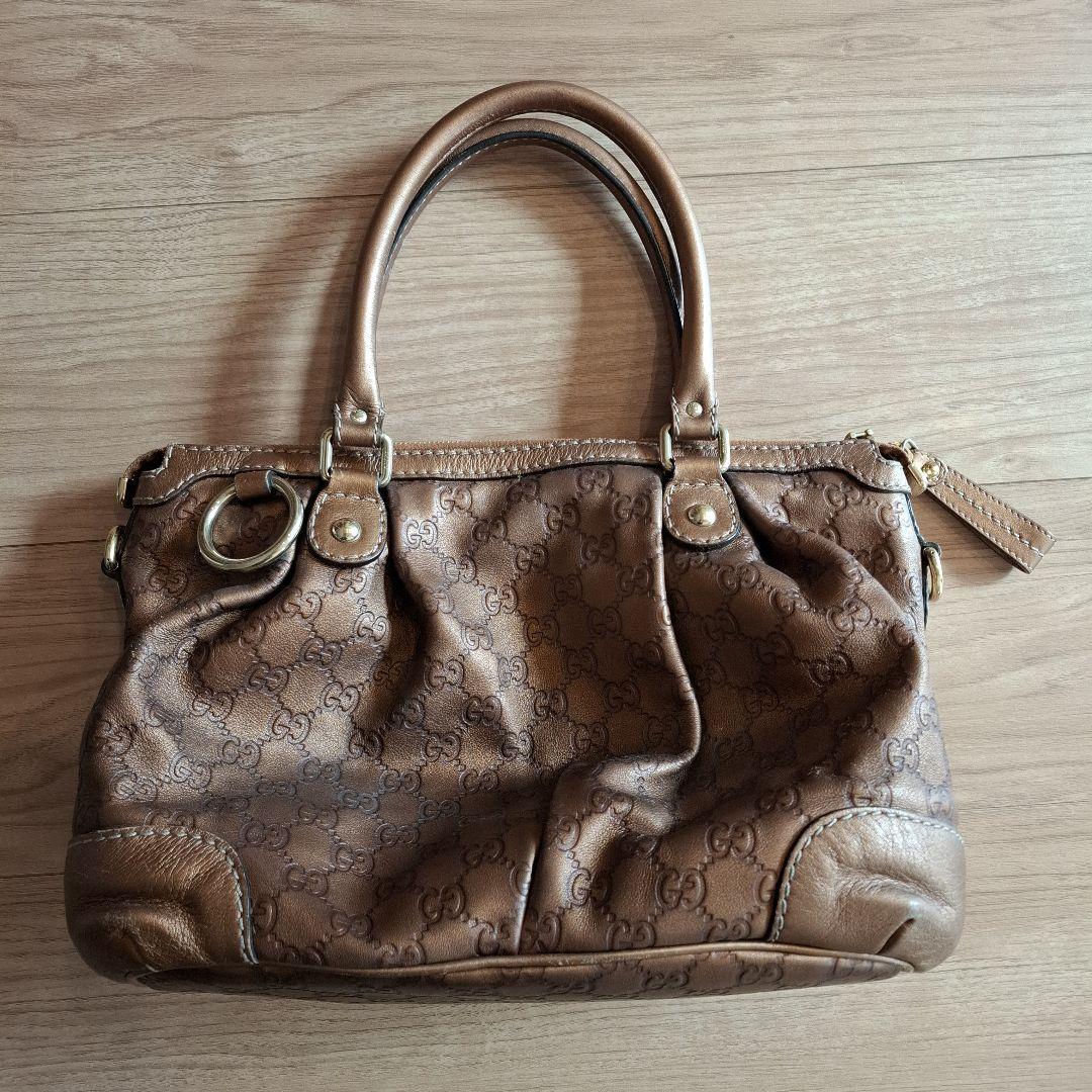 Gucci GGパターン ブラウンレザーハンドバッグ