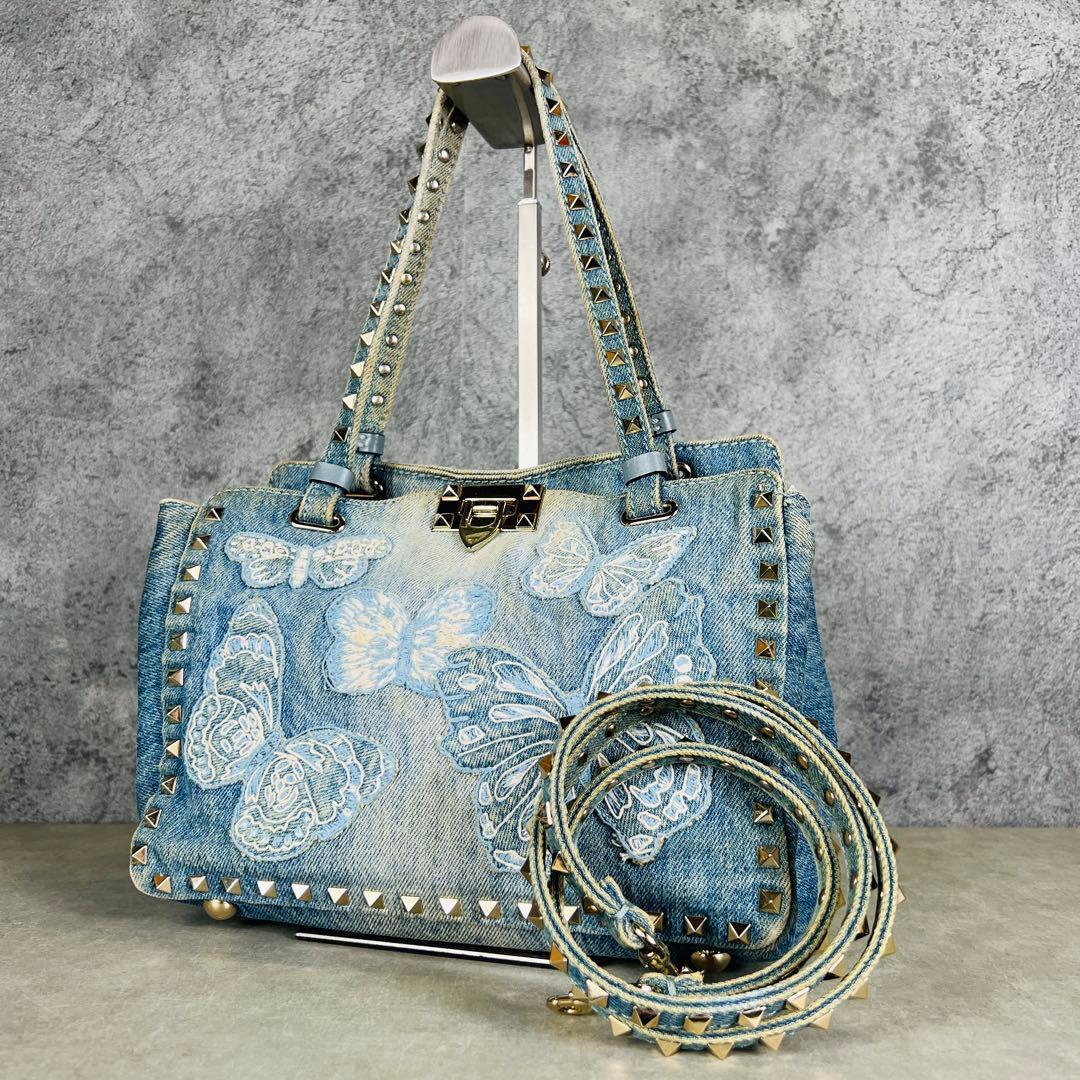 Valentino デニム 蝶 刺繍 スタッズ 2way ハンドバッグ
