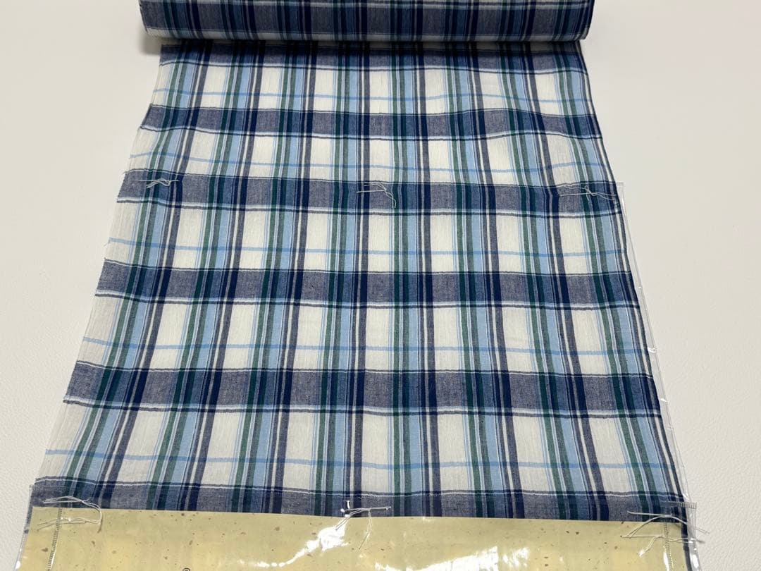 新品　夏物 近江ちぢみ 反物 麻 綿 日本製 川口織物　格子ストライプ　ブルー