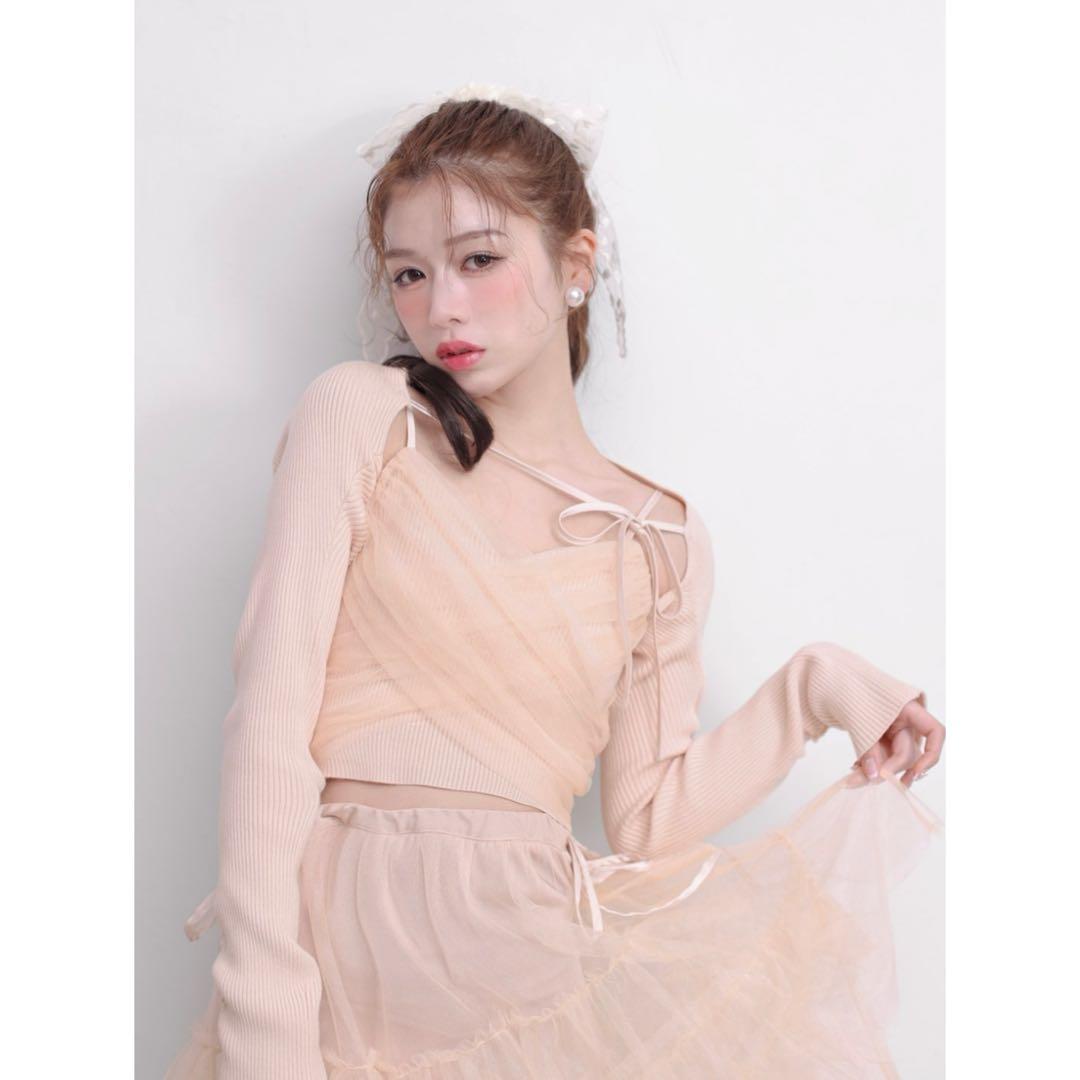 M me eme ♡ Tulle knit ensemble tops pink