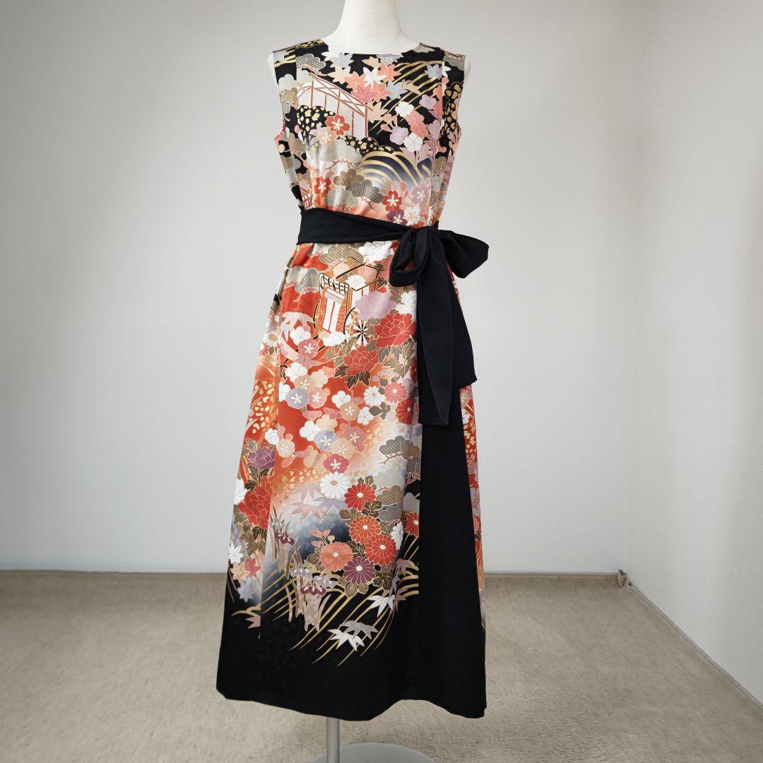 zunezune 振袖ドレス ノースリーブ 着物リメイクワンピース 柄×黒