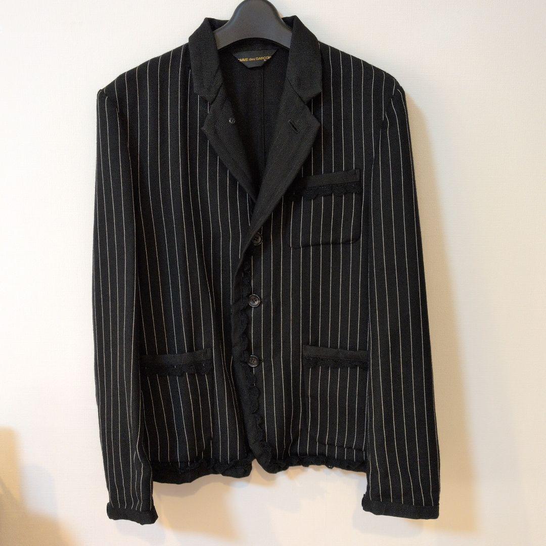 コムデギャルソン　ジャケット 黒と白のストライプ　レース縁取りAD2000