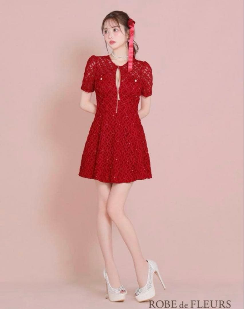 最終値下げ ROBE de FLEURS 赤 レース ドレス ローブドフルール