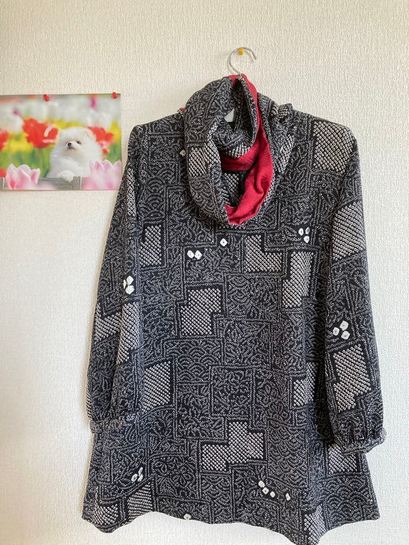 着物リメイク　絞り道行からの、スヌード付き、チュニック