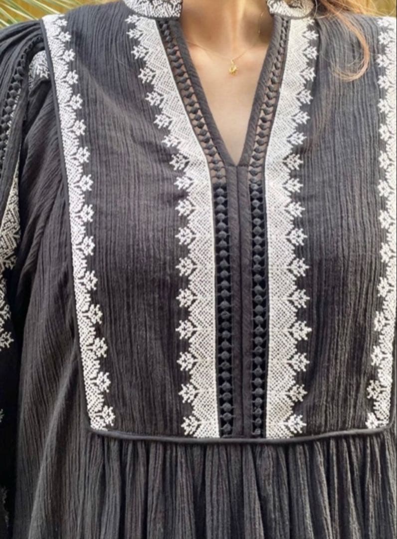 ももこ【ヌキテパ】 コットン ガーゼ リーフ エンブロイダリーヨークドレス